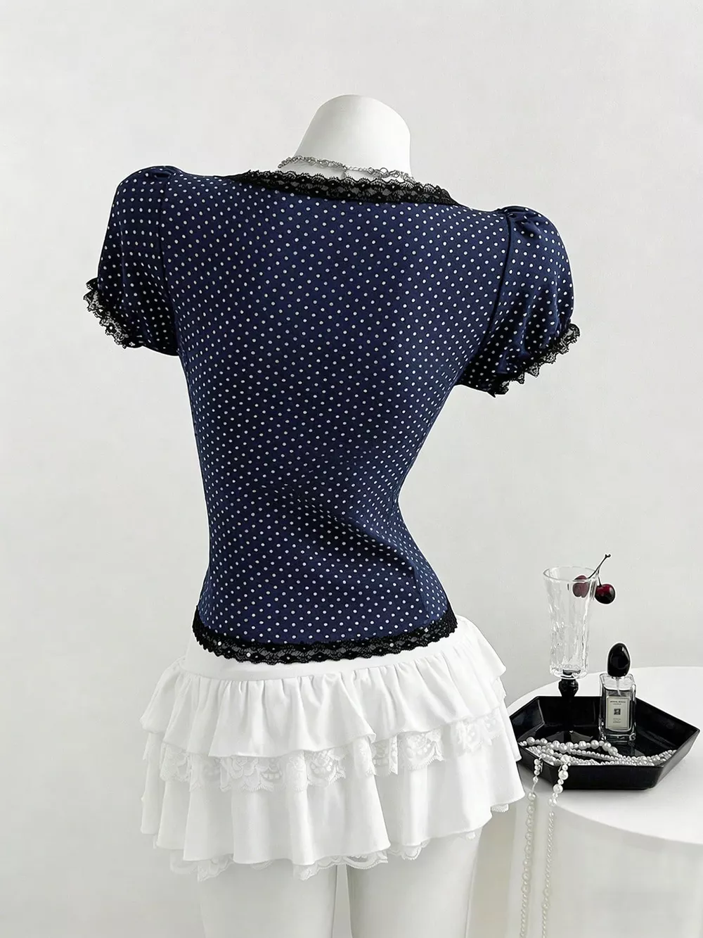 Polka Dot Lace Trim Puff Sleeve Top, image 12
