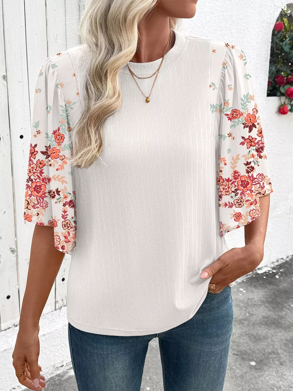 Ribbed Texture Floral Print Half Sleeve Patchwork Top, image 4
