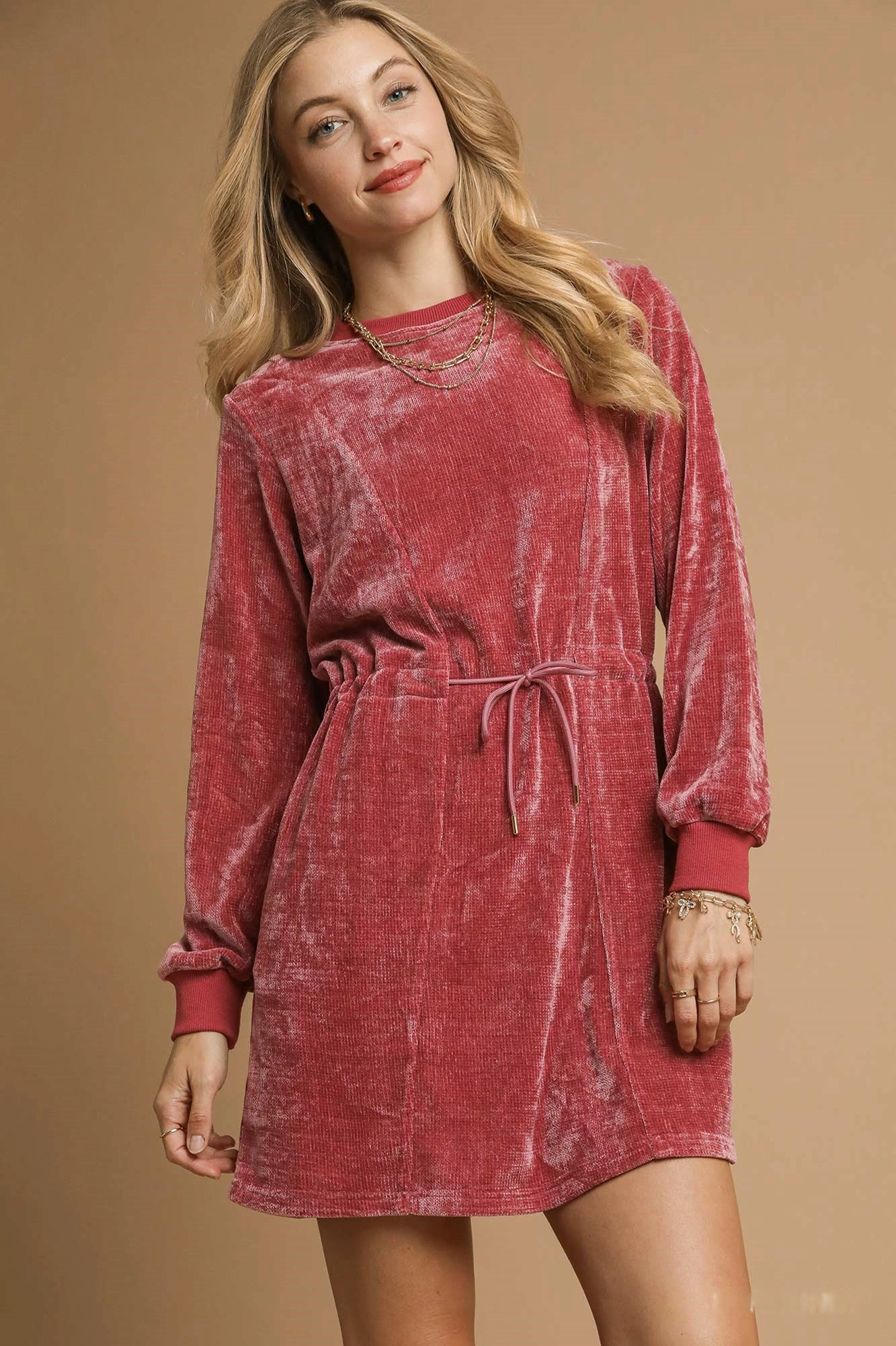 Velour Drawstring Mini Dress with Long Sleeves