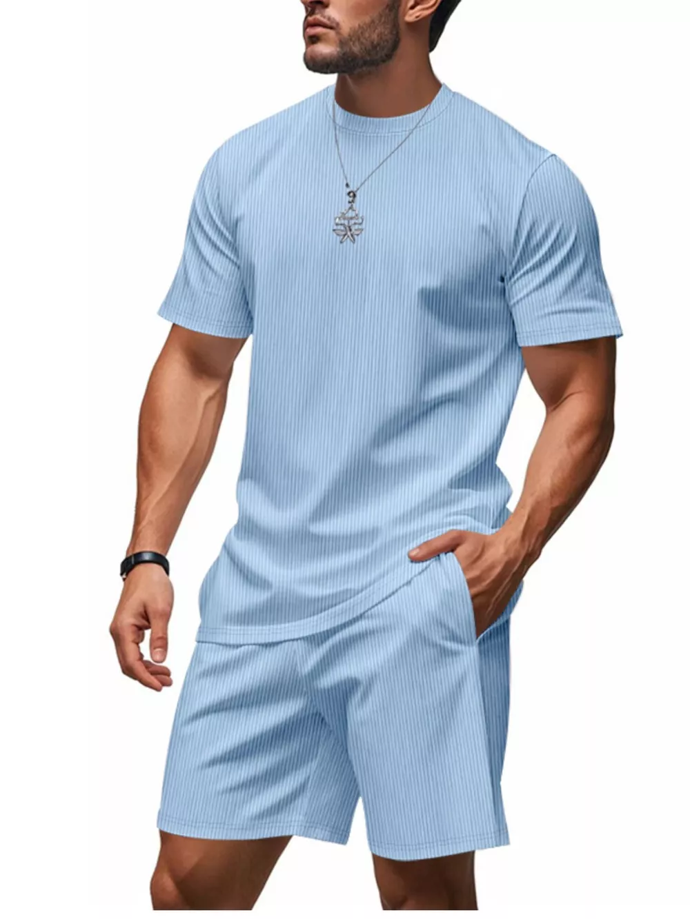 Men's Full Size Casual Striped Top and Shorts Set Plus Size, image 2