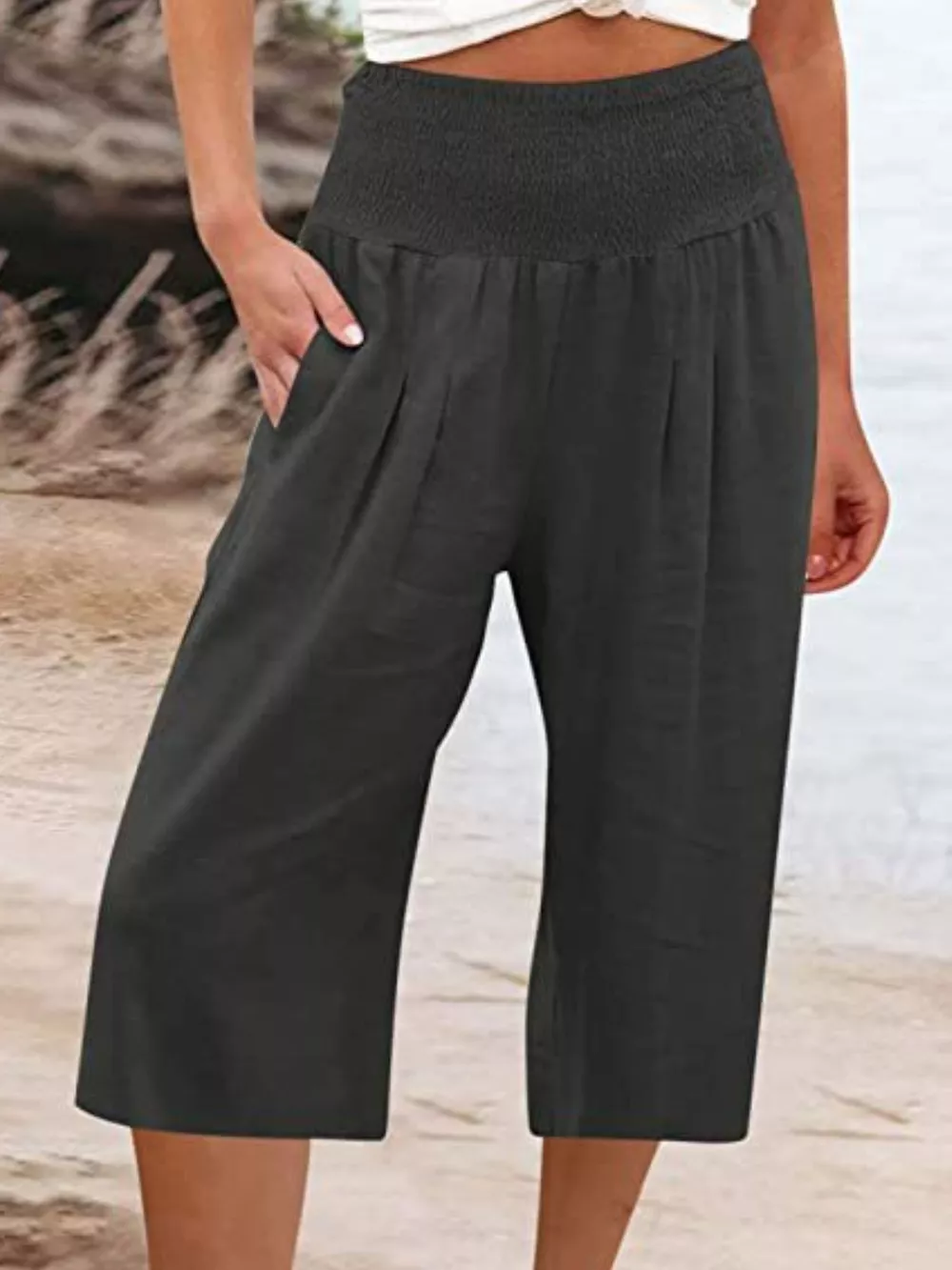 Smocked Wide-Leg Capri Pants, image 4
