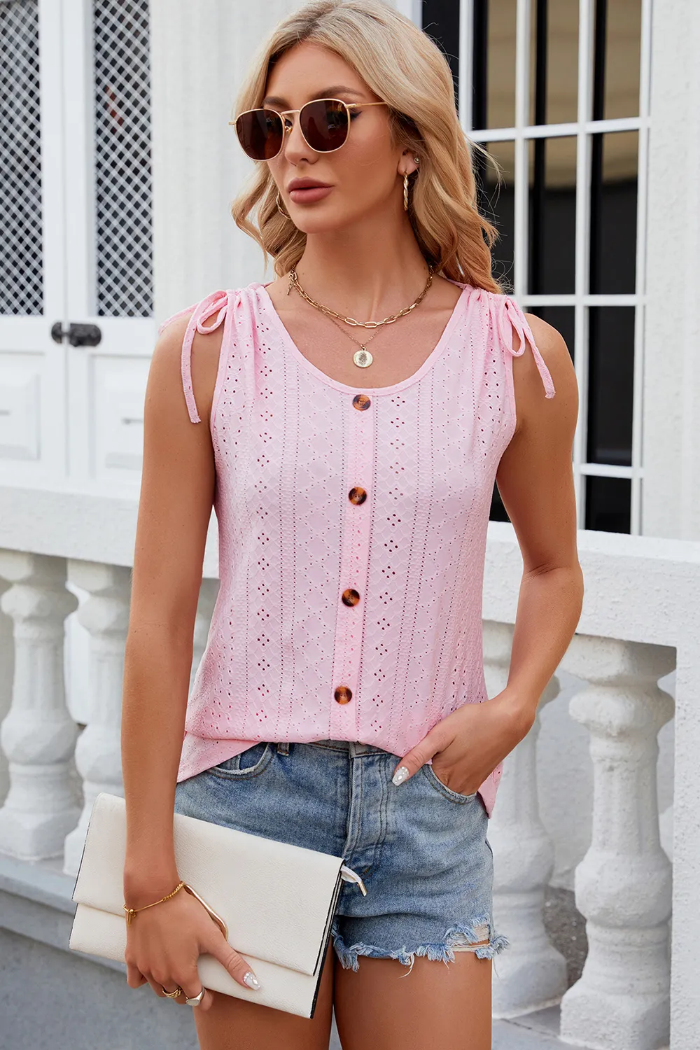 Eyelet Round Neck Wide Strap Tank, image 2