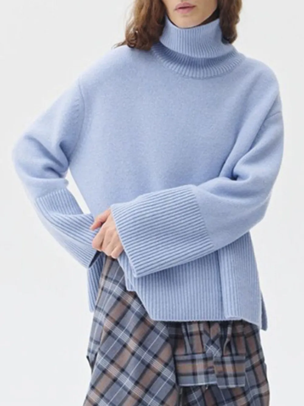 Side Slit Turtleneck Drop Shoulder Sweater, image 24