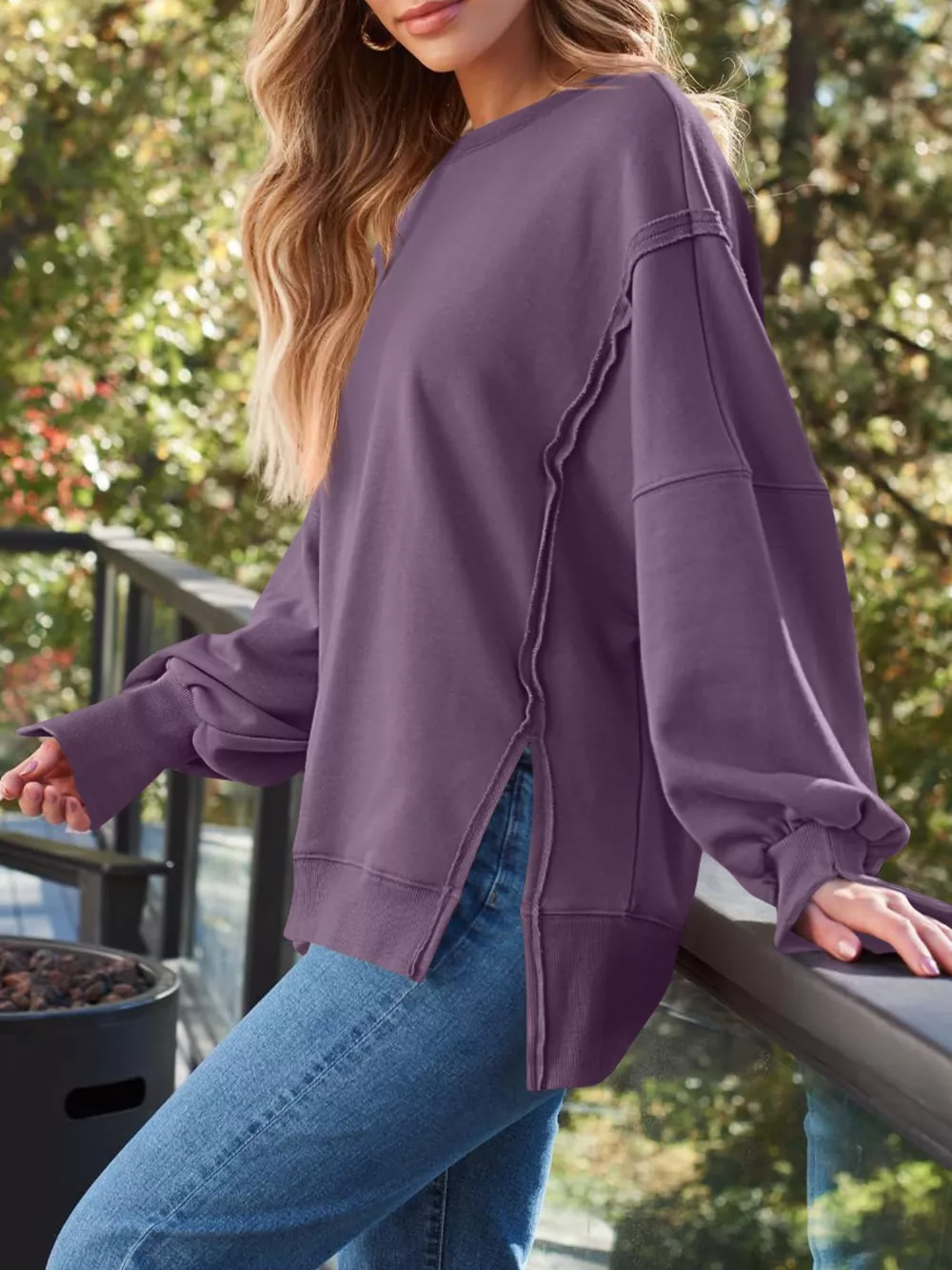 Side Slit Long Sleeve Oversized Sweatshirt, image 31