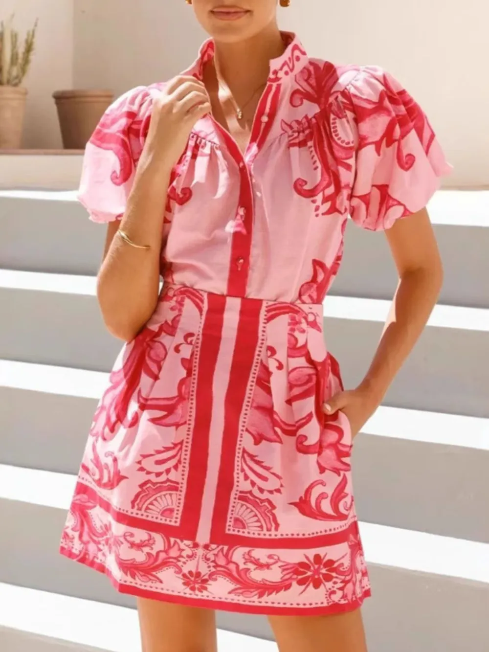 Printed Puff Sleeve Top and Skirt Set, image 5