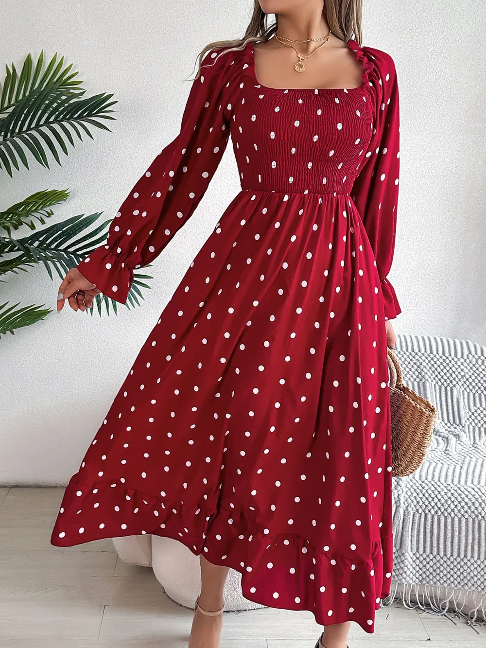 Polka Dot Flounce Sleeve Midi Dress, image 6