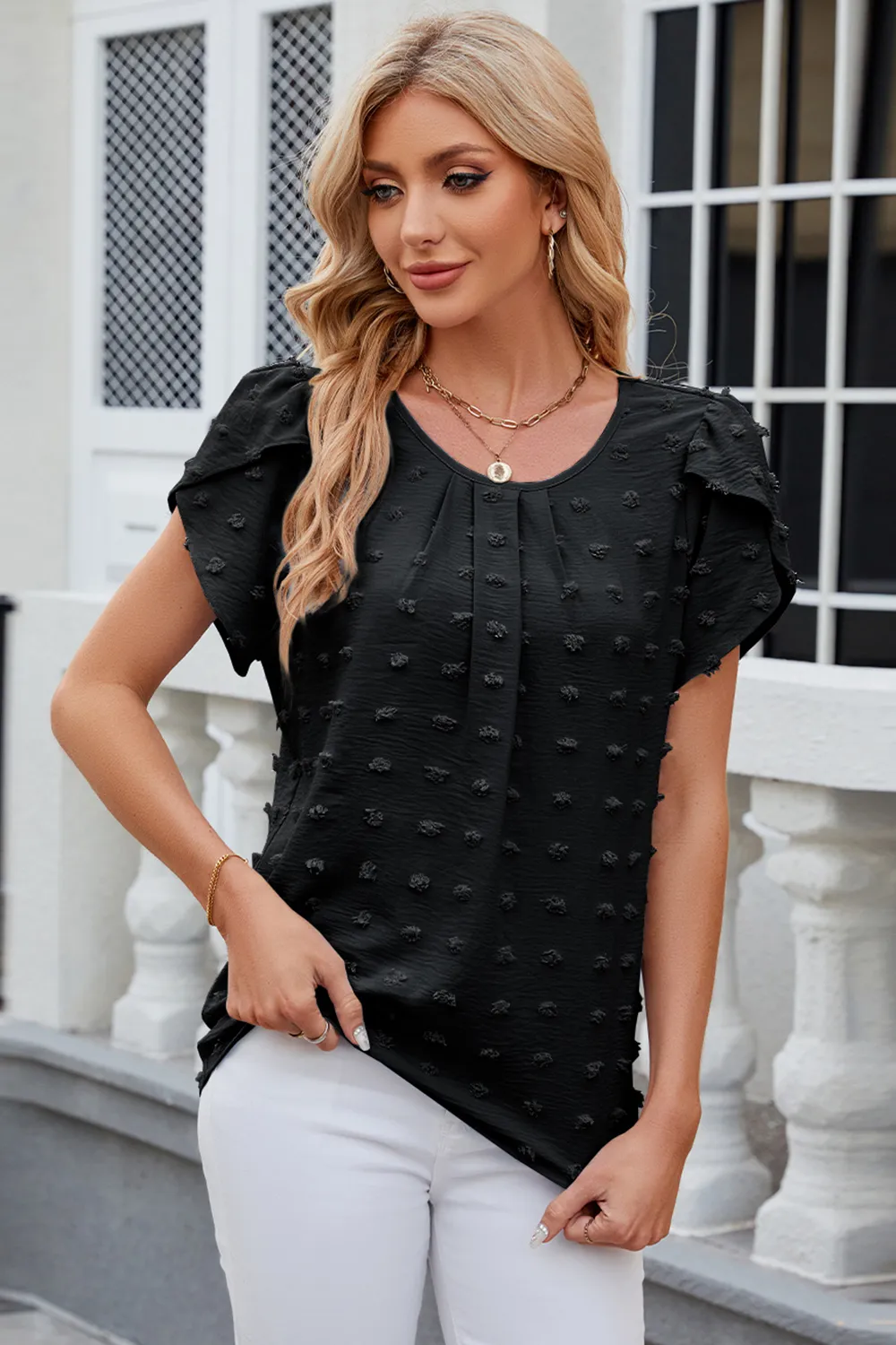 Swiss Dot Round Neck Short Sleeve T-Shirt, image 7