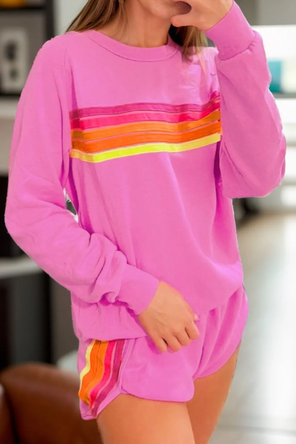 Full Size Contrast Striped Round Neck Top and Shorts Set, image 7