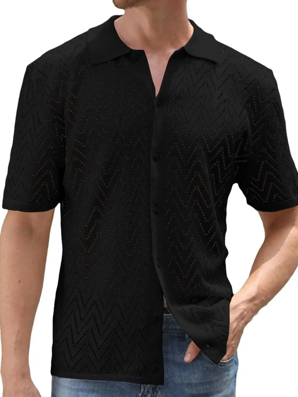 Men's Full Size Openwork Button Down Short Sleeve Shirt Plus Size, image 7