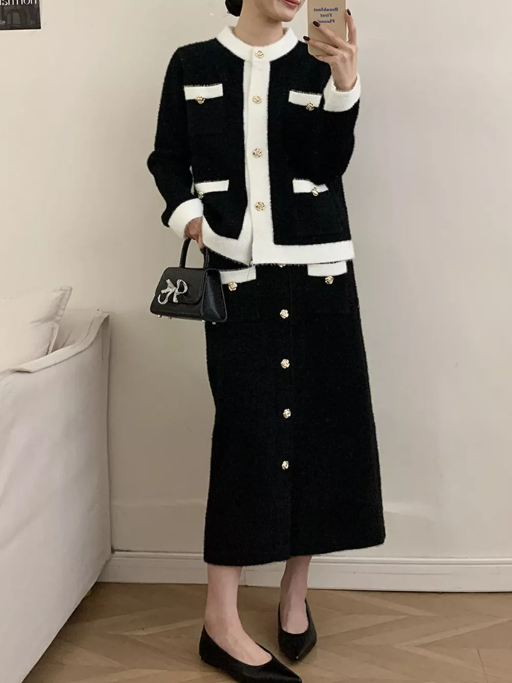 Contrast Trim Jacket and Skirts Sweater Set, image 12