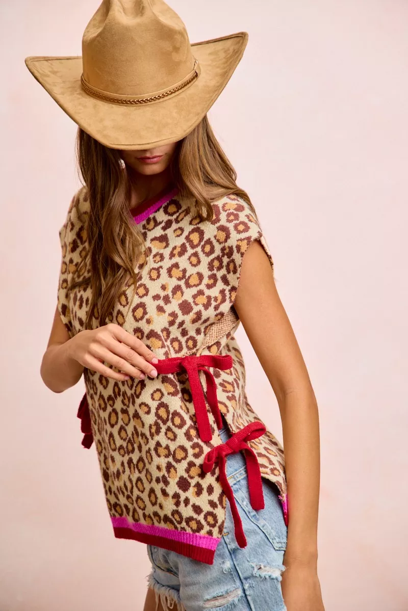 BiBi Leopard Pattern Side Tied Sweater Vest Top, image 15