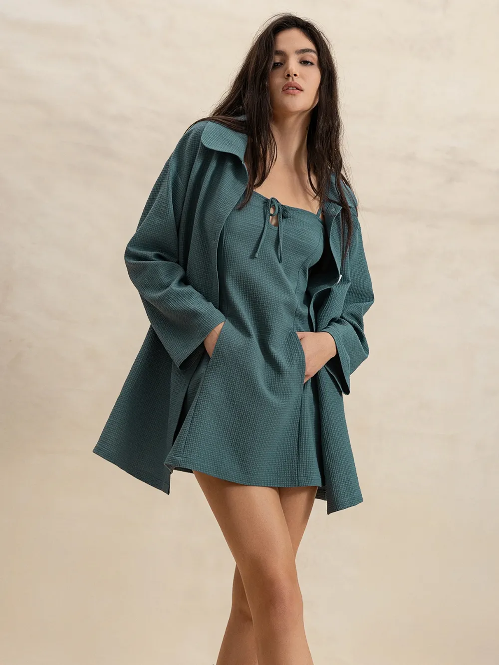 Tie Shoulder Mini Dress and Long Sleeve Top Set, image 4