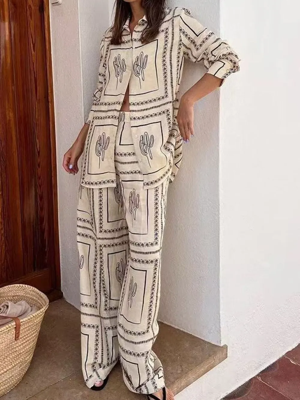 Printed Button Up Shirt and Pants Set, image 5