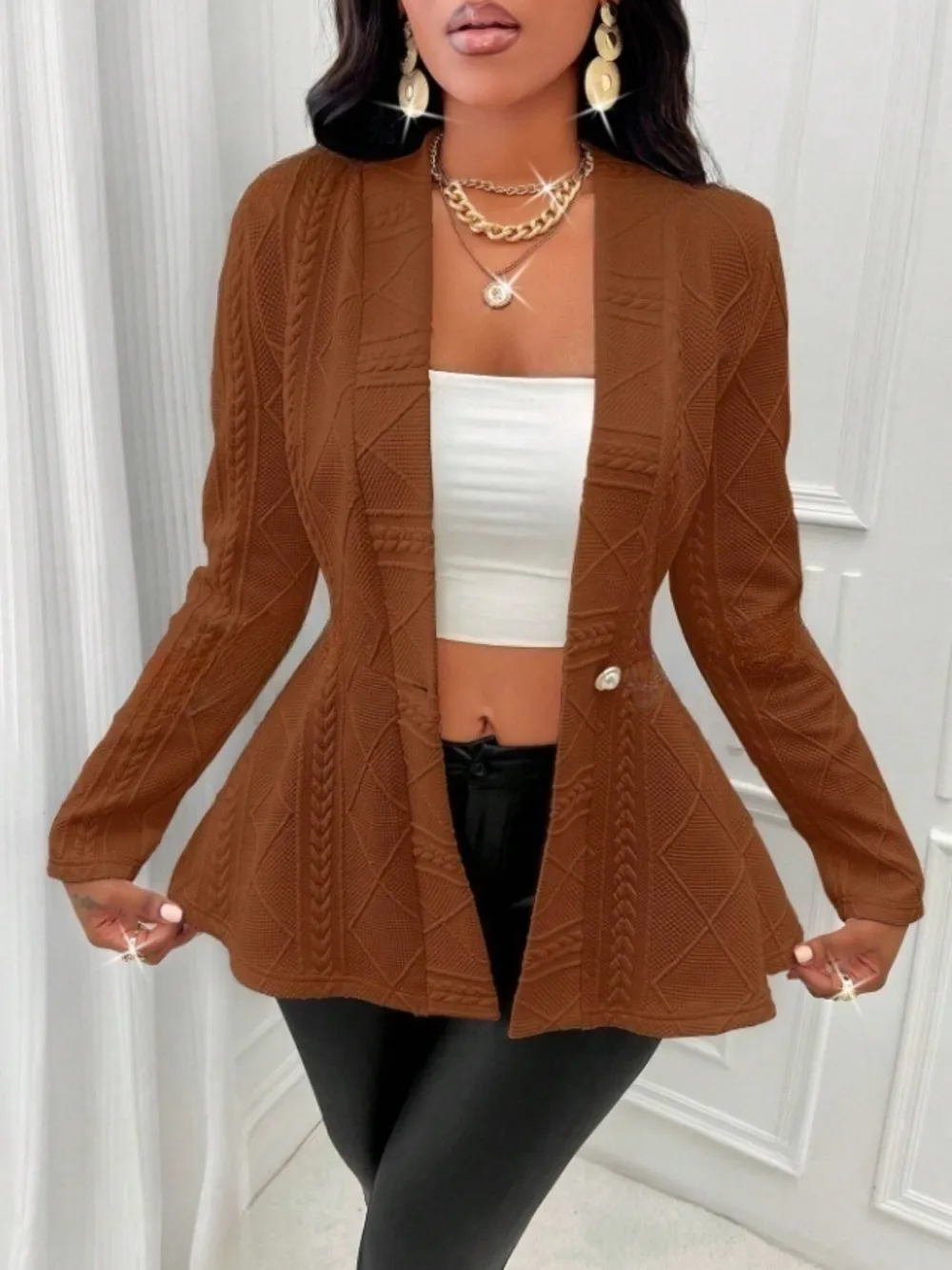 One Button Textured Peplum Cardigan, image 13