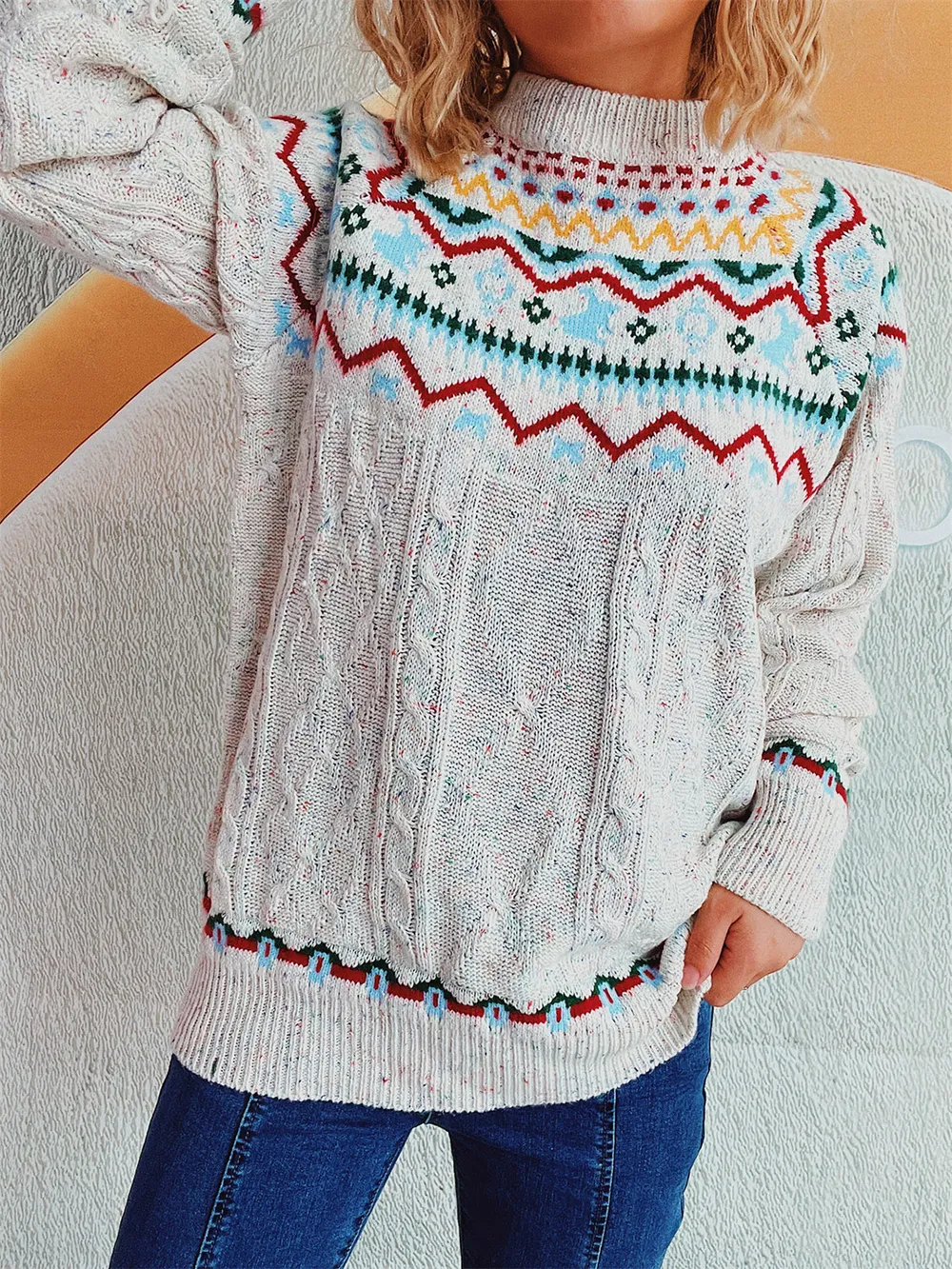 Cable-Knit Mock Neck Long Sleeve Sweater, image 7