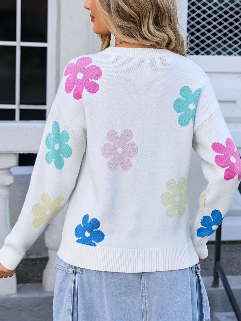 Flower Round Neck Long Sleeve Sweater, image 4