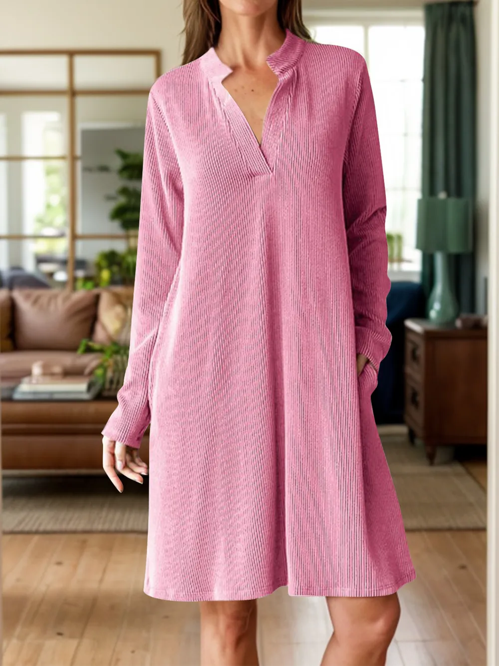 Notched Long Sleeve Mini Dress with Pockets, image 5
