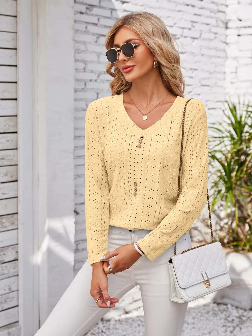 Decorative Button Openwork V-Neck T-Shirt, image 12