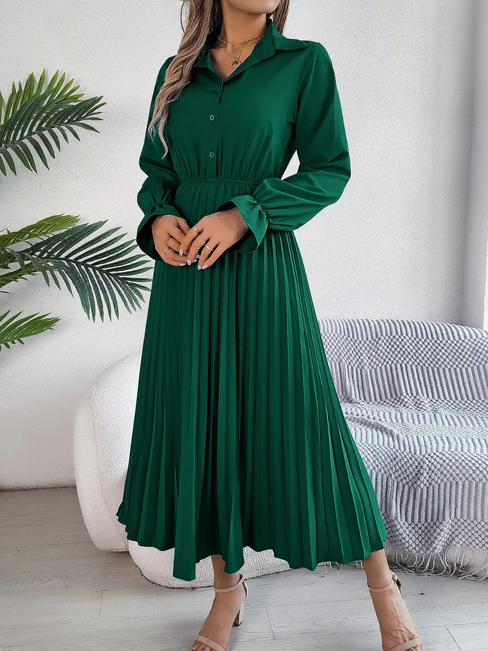 Pleated Half Button Long Sleeve Midi Dress, image 12