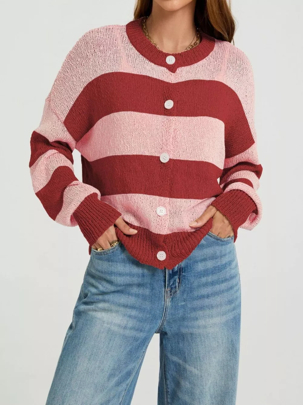 Casual Striped Button-Down Knit Cardigan, image 7