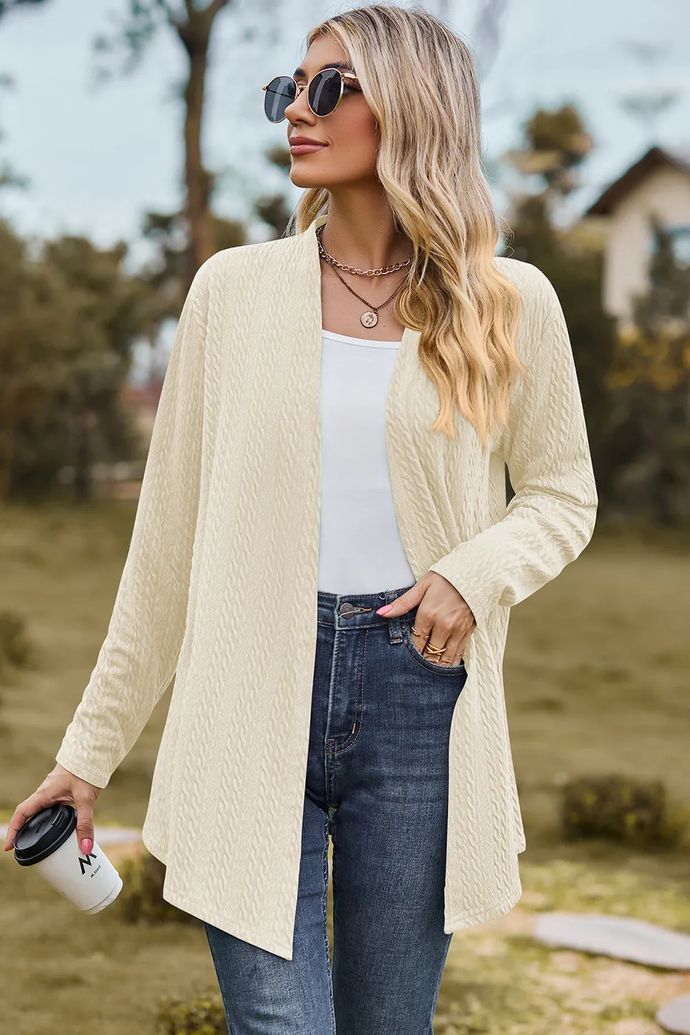 Textured Open Front Long Sleeve Cardigan, image 14