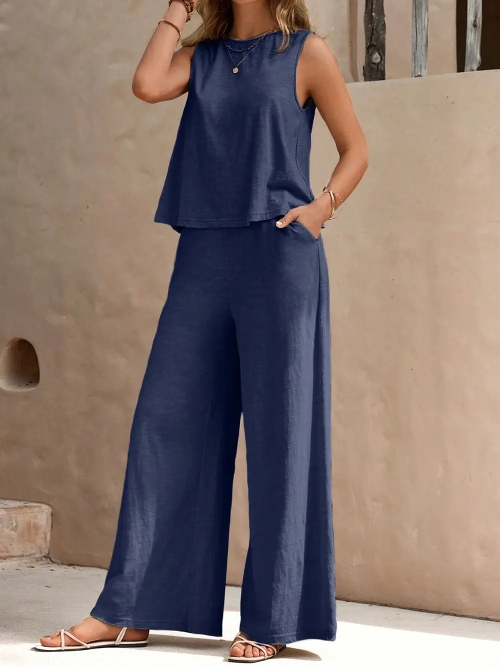 Round Neck Sleeveless Top and Wide Leg Pants Set, image 6