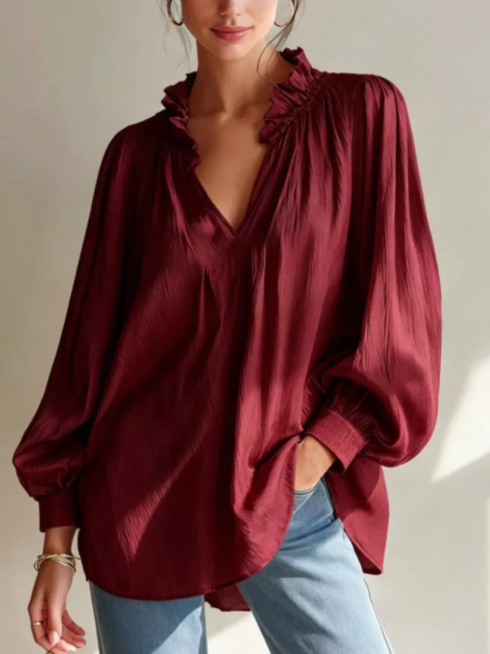 Frill Notched Long Sleeve Blouse, image 2
