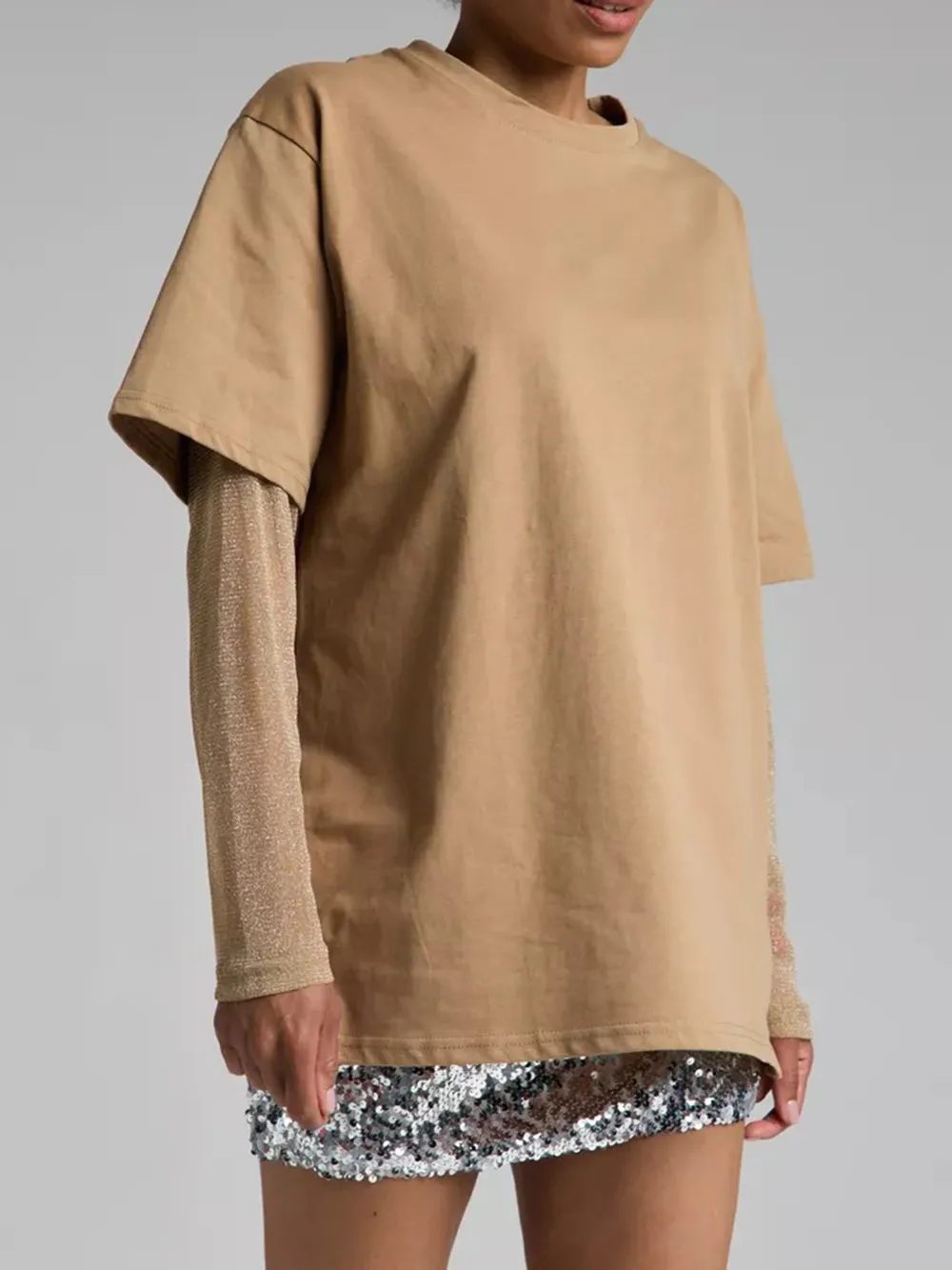 Faux Layered Round Neck Mesh Sleeve Top, image 14