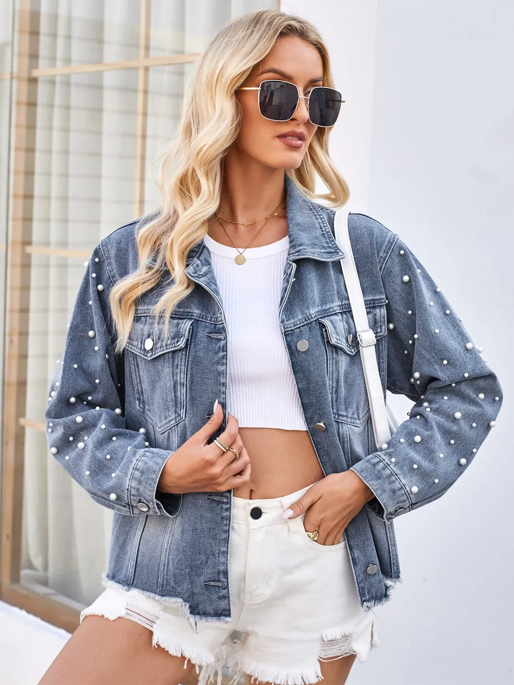 Pearl Trim Raw Hem Denim Jacket, image 5