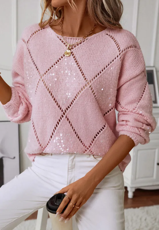 Openwork Sequin Round Neck Long Sleeve Sweater, image 4