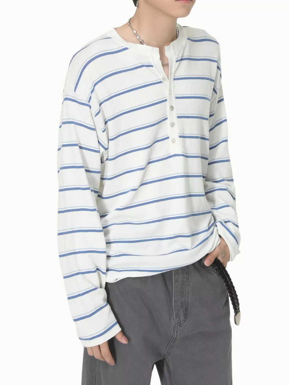 Men's Striped Button Detail Henley T-Shirt, image 4