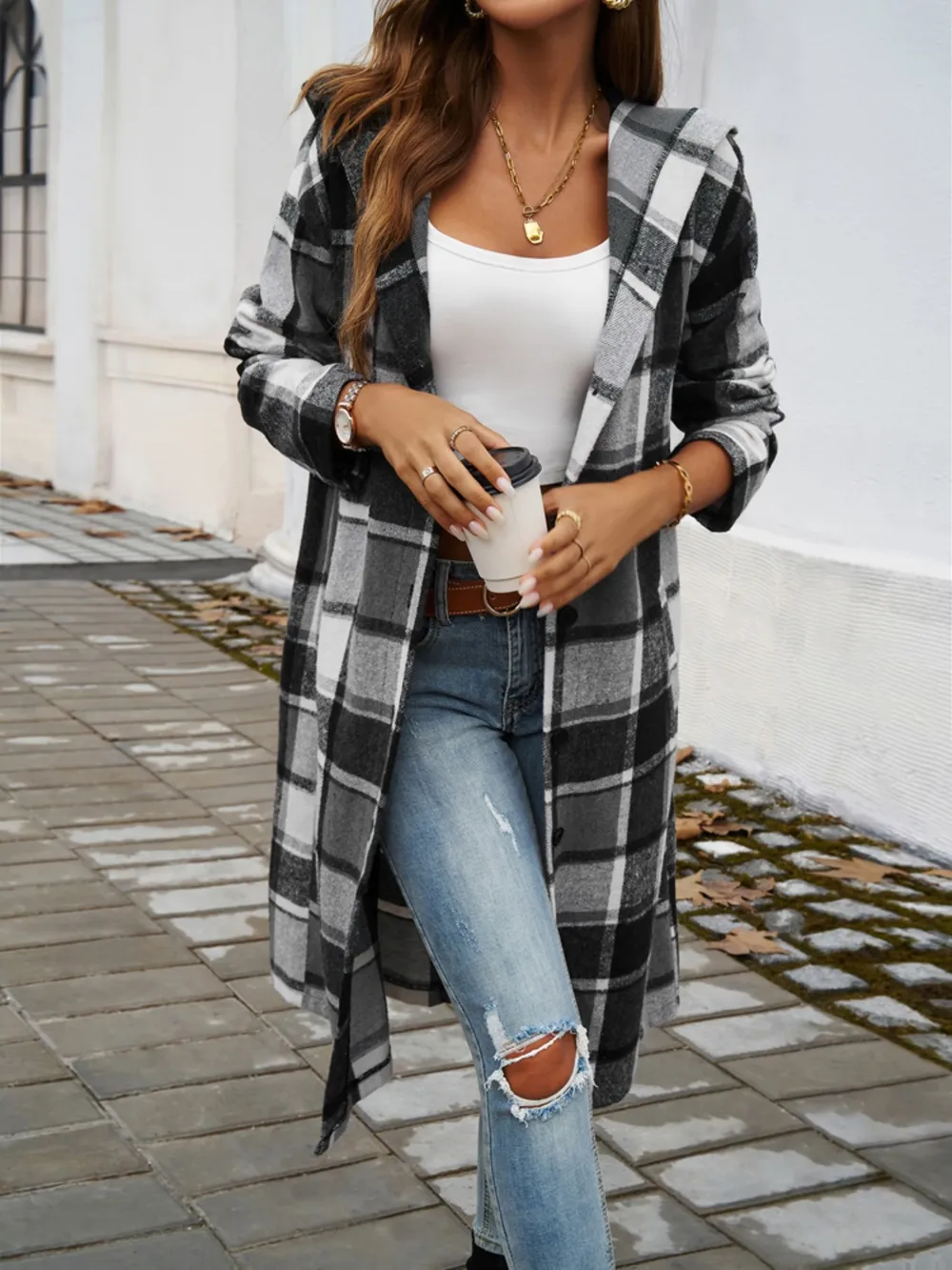 Plaid Long Sleeve Hooded Coat, image 10