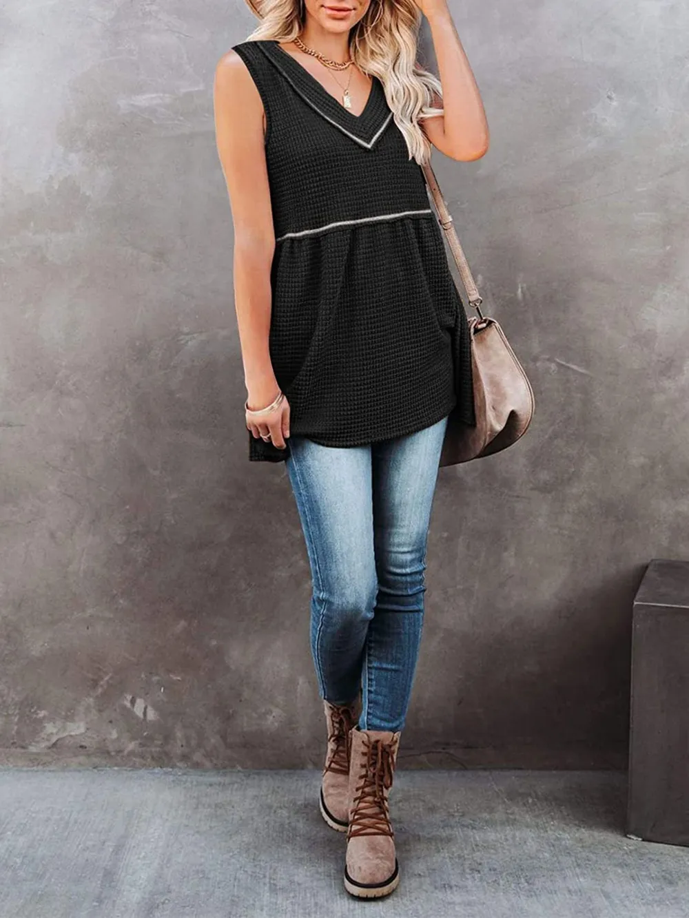 V-Neck Waffle Knit Tank Top with Contrast Stitching, image 5