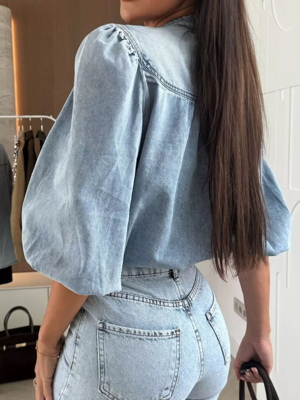Puff Sleeve Button Front Denim Top, image 6