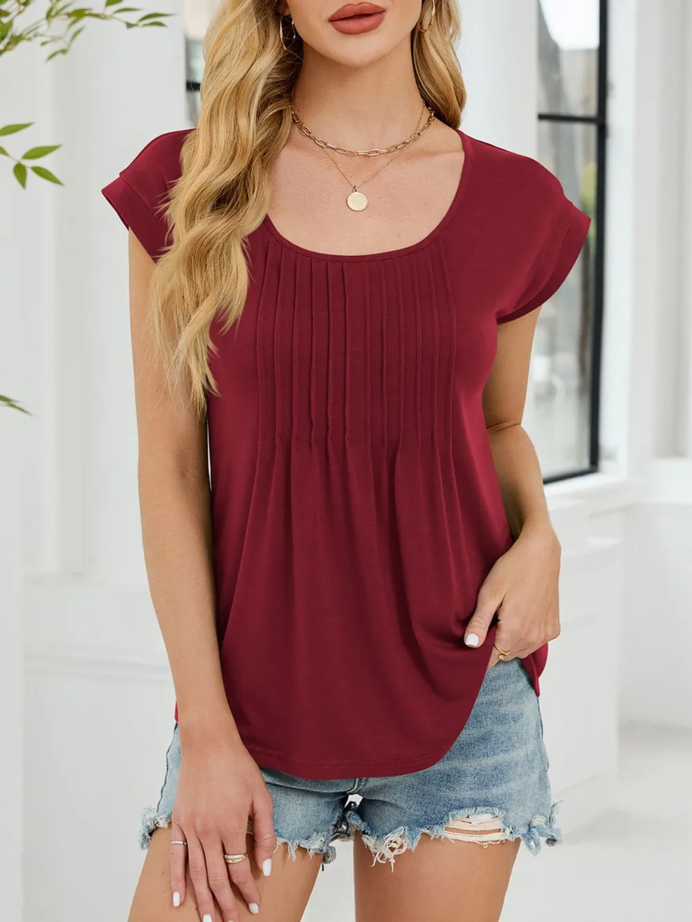 Pleated Front Scoop Neck T-Shirt, image 10