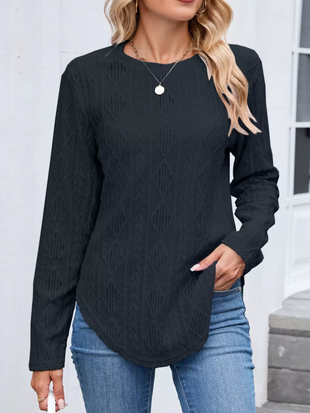 Openwork Textured Long Sleeve Top, image 8