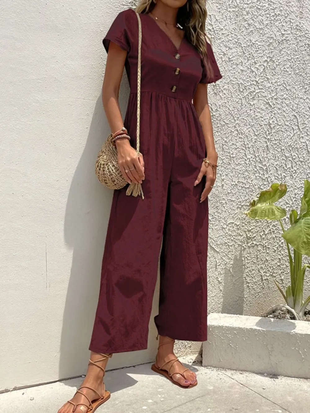 V-Neck Short Sleeve Wide Leg Jumpsuit, image 5