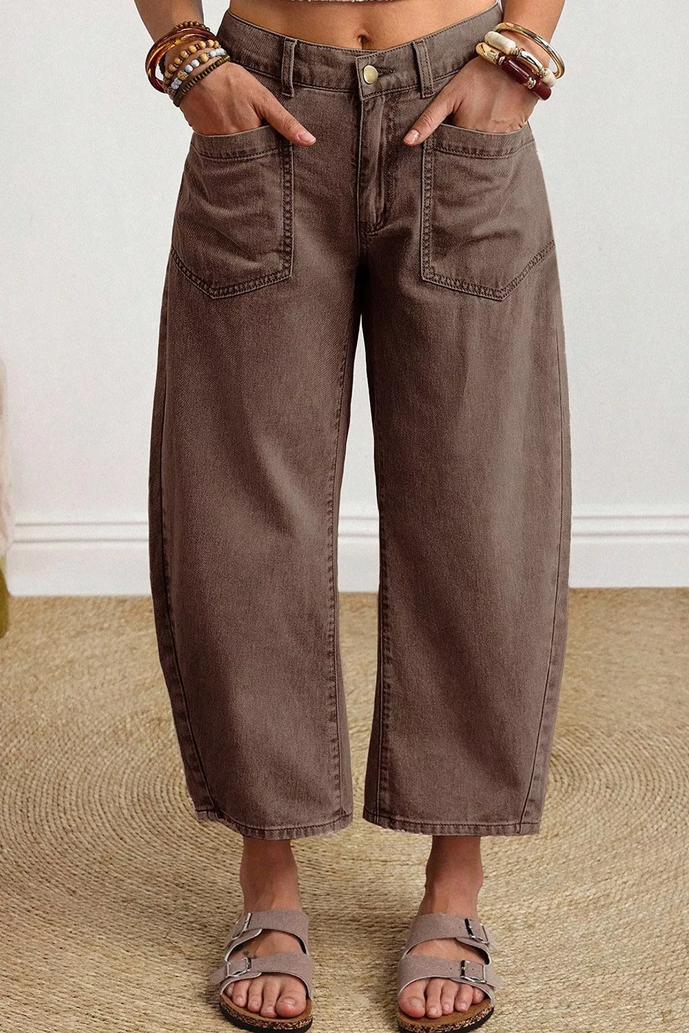 Solid Color Square Patch Pocket Ankle-length Barrel Jeans, image 3