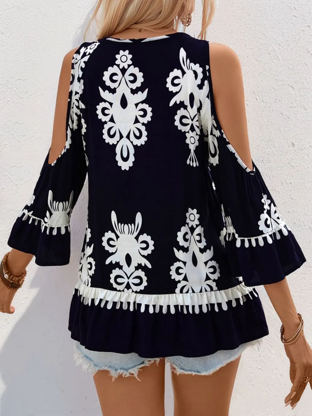 Tassel Printed Tie Neck Cold Shoulder Blouse, image 2