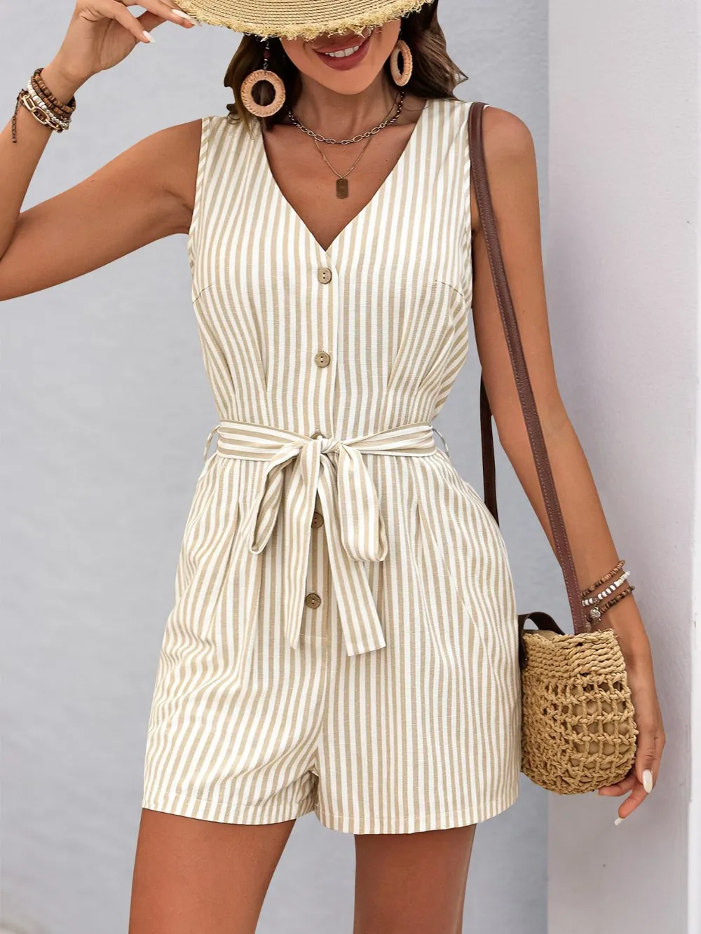 Striped V-Neck Tie Waist Romper, image 14