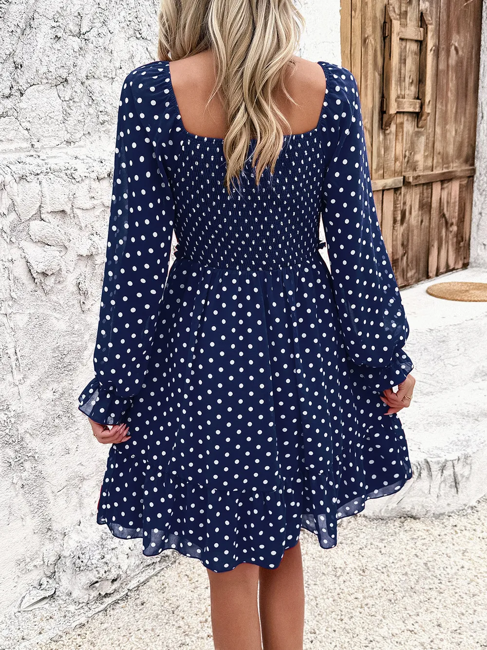 Smocked Polka Dot Long Sleeve Dress, image 3