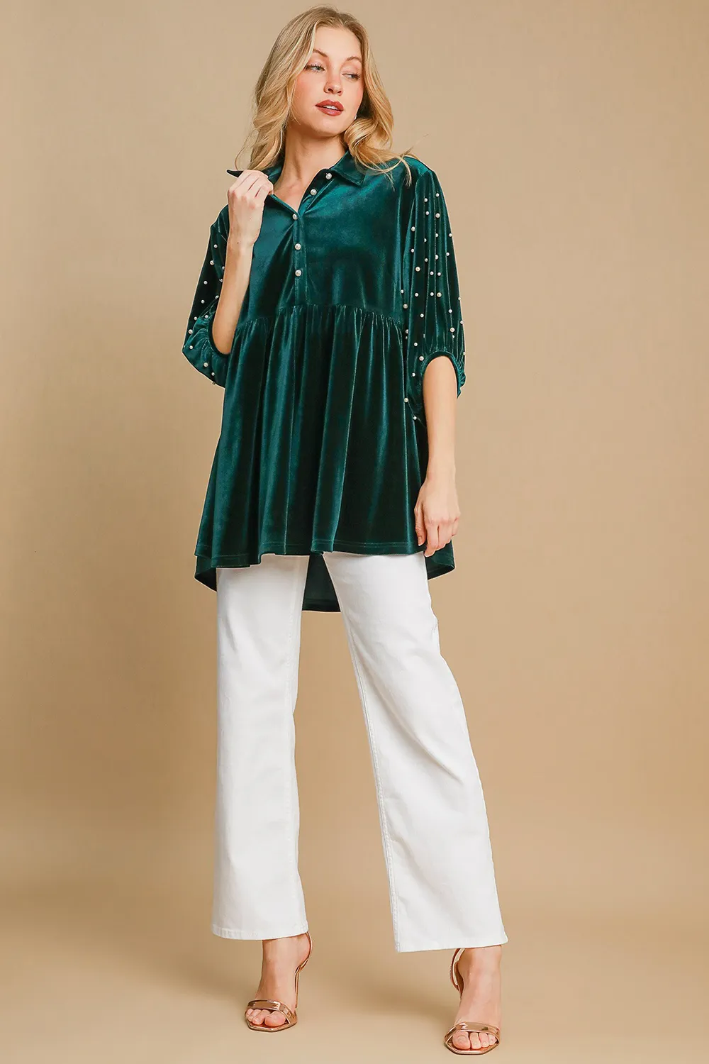 Pearl Detail Half Sleeve Velvet Babydoll Blouse, image 4