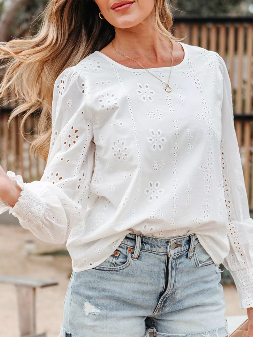 Eyelet Embroidered Smocked Cuff Sheer Blouse, image 2