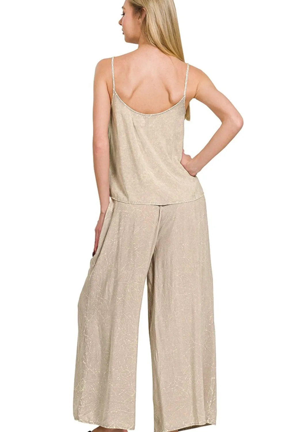 Woven Acid Crinkle Washed Cami & Pants 2 Piece Set, image 3
