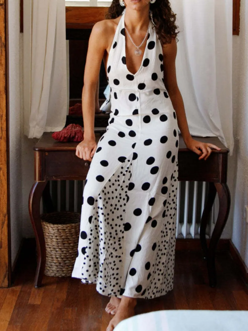 Backless Halter Neck Polka Dot Maxi Dress, image 4