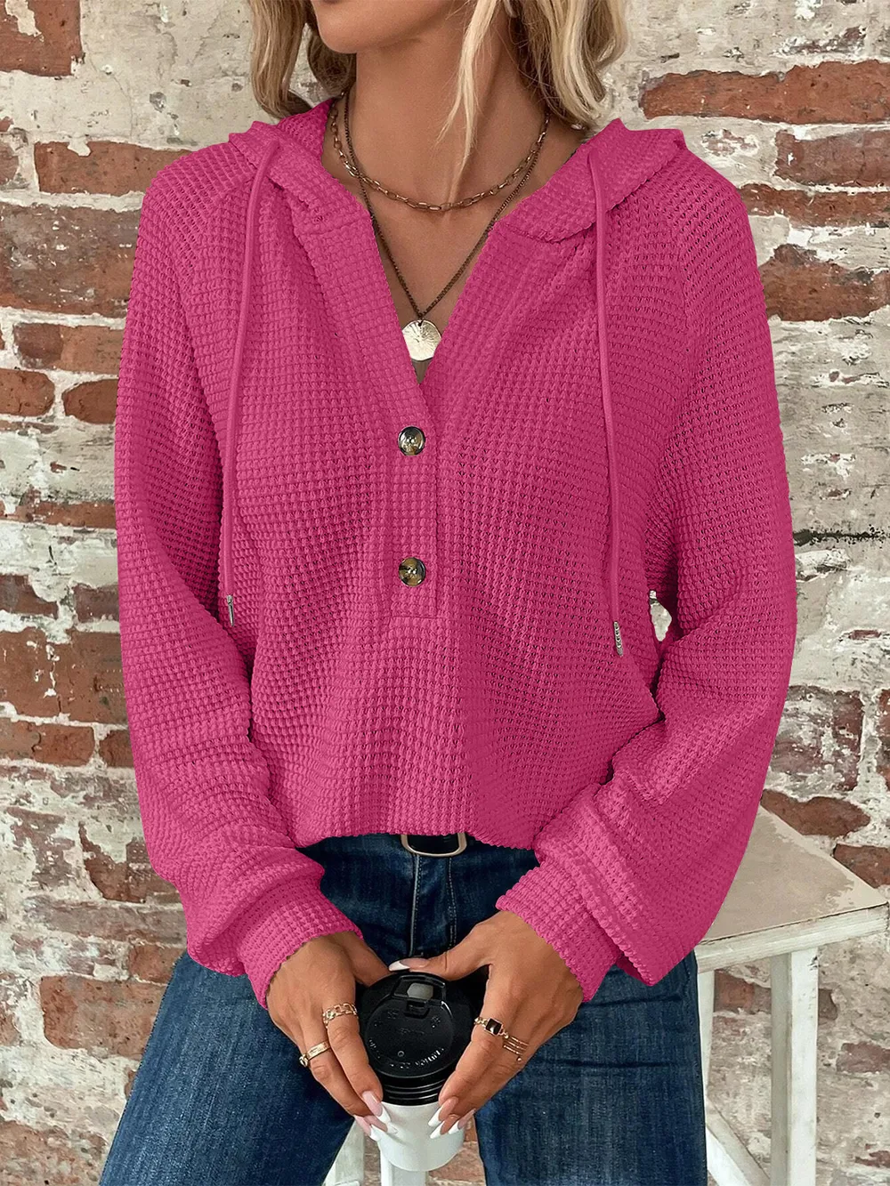 Waffle Knit Long Sleeve Drawstring Hooded Top, image 20
