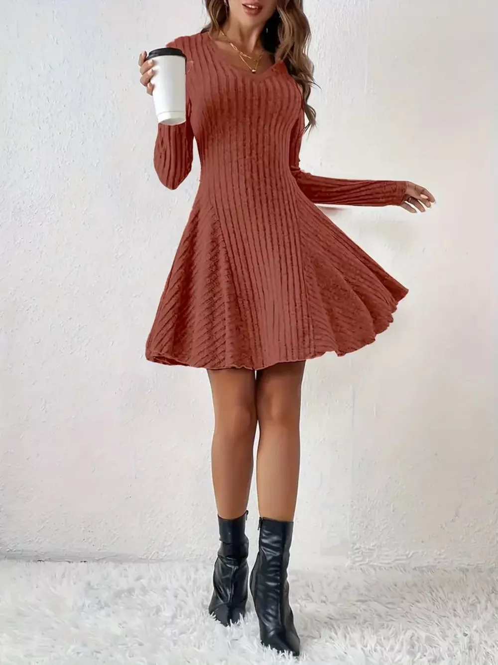 Ribbed Knit Long Sleeve A-Line Dress, image 23