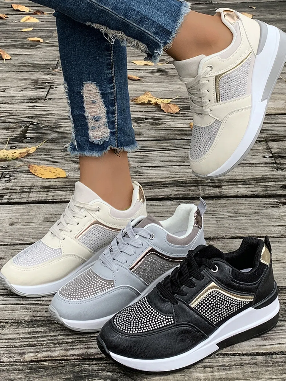 Lace-Up Rhinestone Wedge Sneakers, image 2