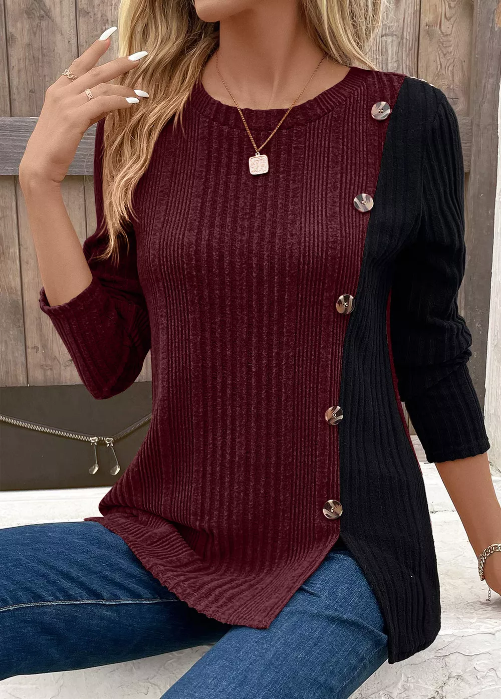 Color Block Ribbed Knit T-Shirt, image 9