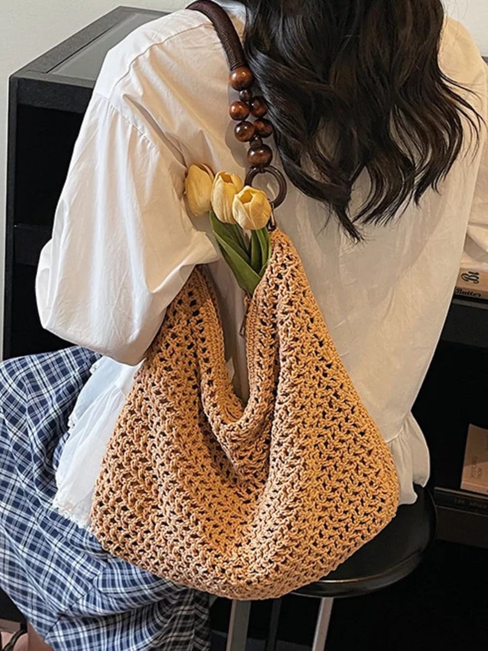Knitted Shoulder Bag with Wooden Bead Handle, image 10
